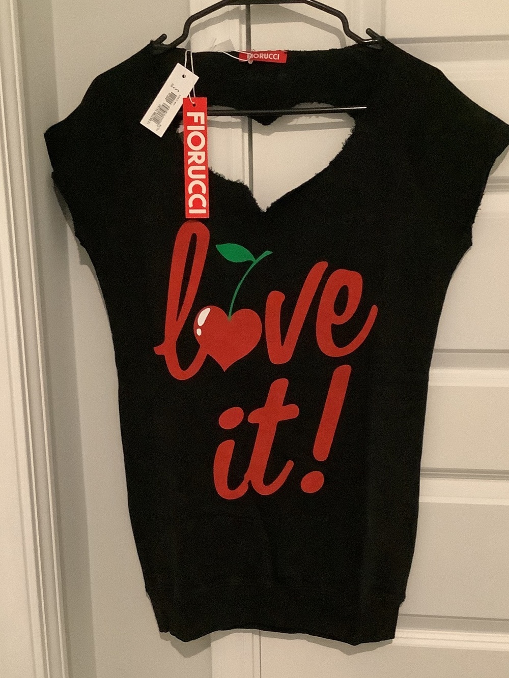 Fiorucci Black Tee with Red Cherry 'Love It!' Graphic, Brand New